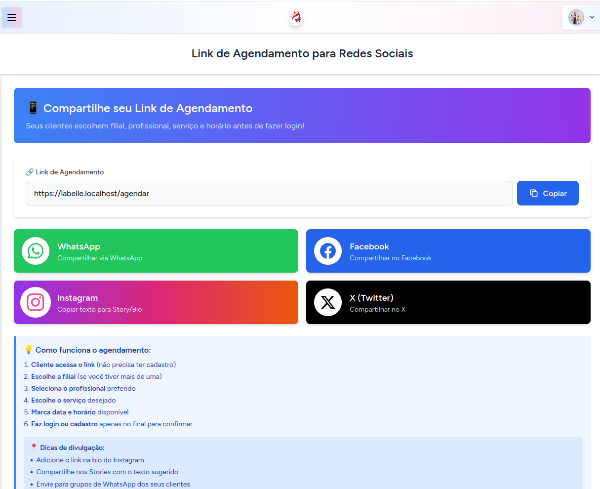 Tela do PagBy para compartilhar o link de agendamento